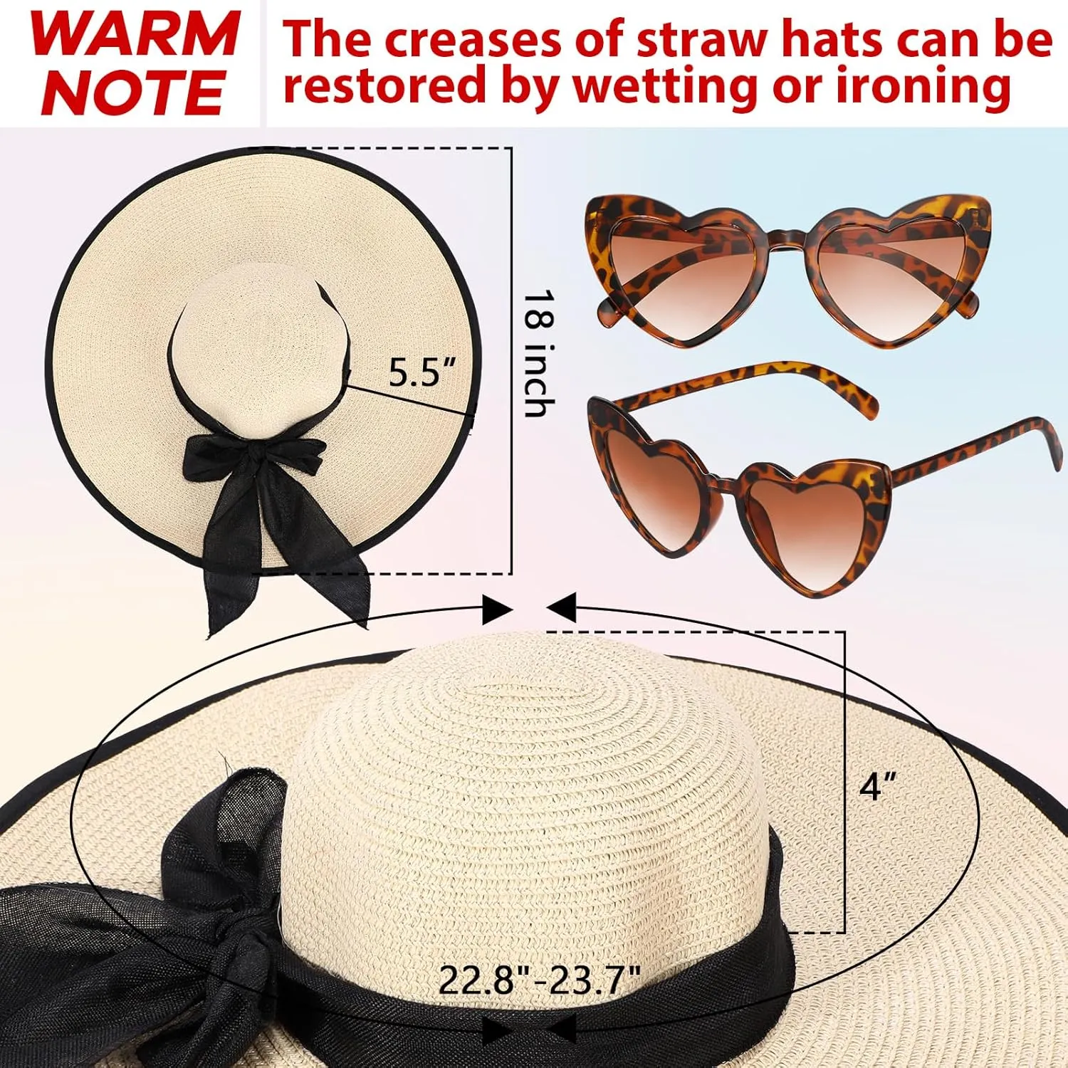 Jeyiour 12 Pcs Women Floppy Summer Hat Wide Brim with Heart Shape Glasses Big Bowknot Straw Hat Sun Hats Heart Sunglasses