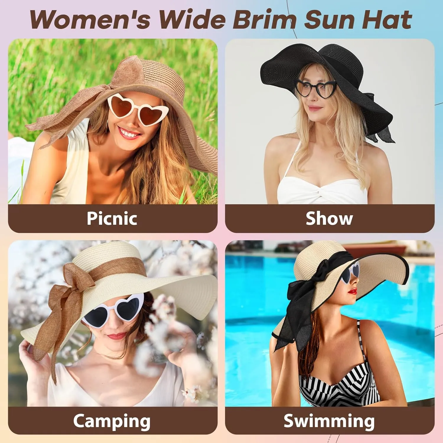 Jeyiour 12 Pcs Women Floppy Summer Hat Wide Brim with Heart Shape Glasses Big Bowknot Straw Hat Sun Hats Heart Sunglasses