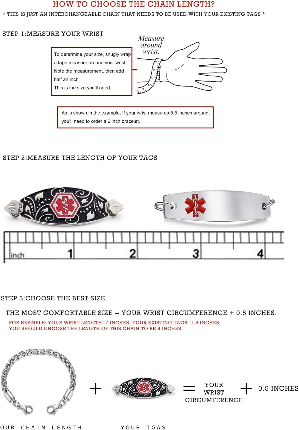 LinnaLove Stainless Steel Interchangeable Chain for Medical Alert id Bracelets for Women and Men