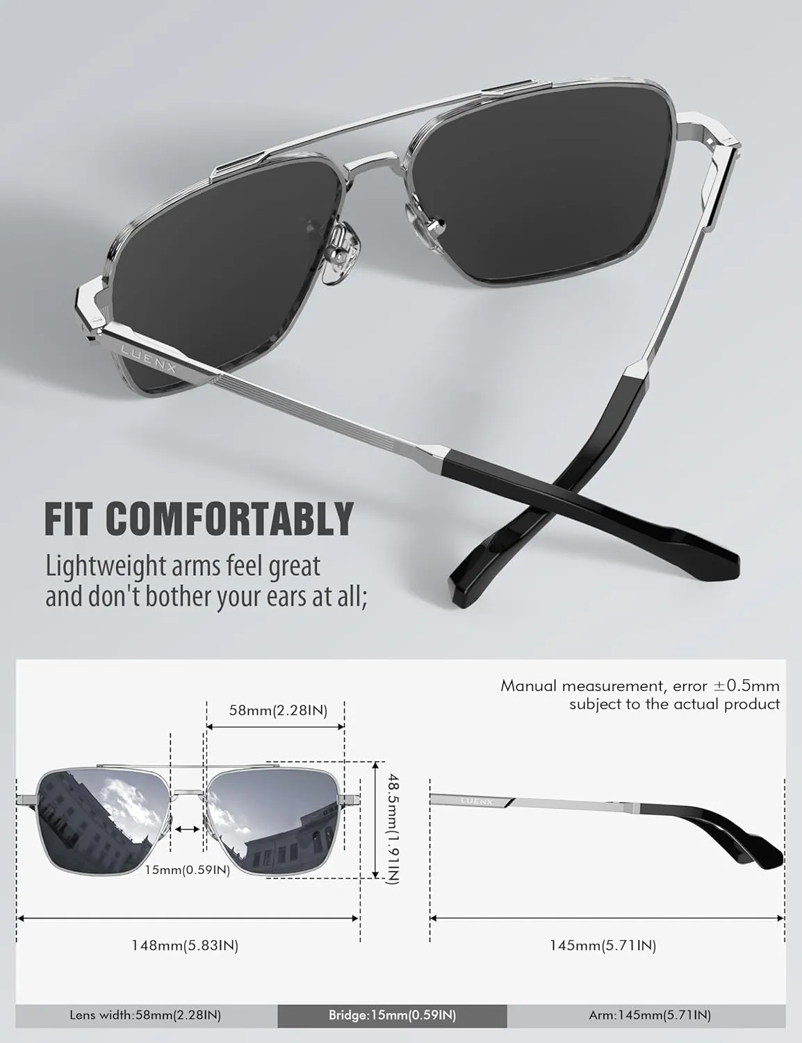 LUENX Aviator Sunglasses for Men Women Square Polarized Polygon Lens - UV 400 Protection