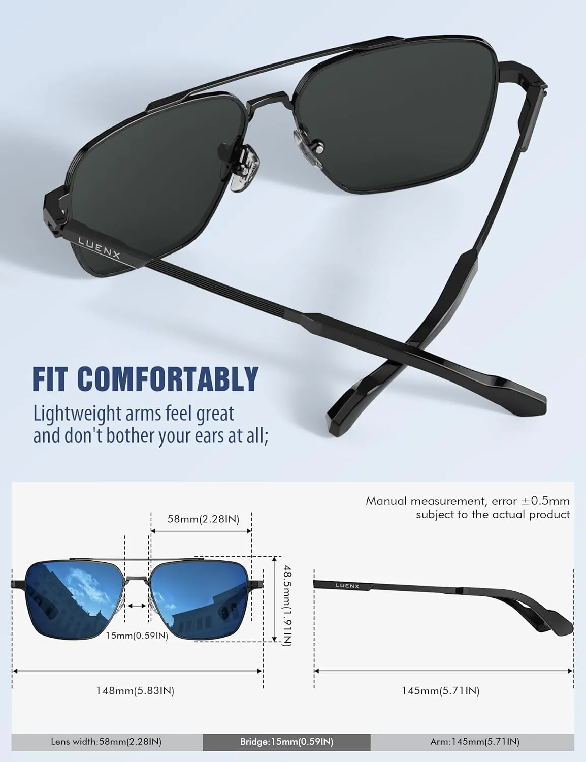 LUENX Aviator Sunglasses for Men Women Square Polarized Polygon Lens - UV 400 Protection