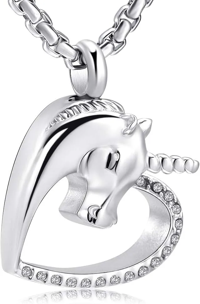 Oinsi Unicorn In My Heart Stainless Steel Cremation Necklace Urn Pendant For Ashes For Women/Child Memorial Jewelry Keepsake Festival Gifts