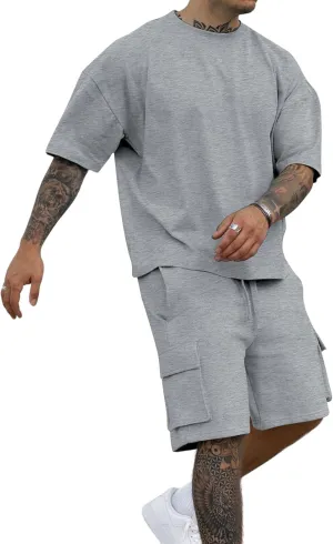 Opomelo Mens Short Sets 2 Piece Outfits - Casual Summer Short Sleeve Sweatsuits Sets for Men with Cargo Pocket