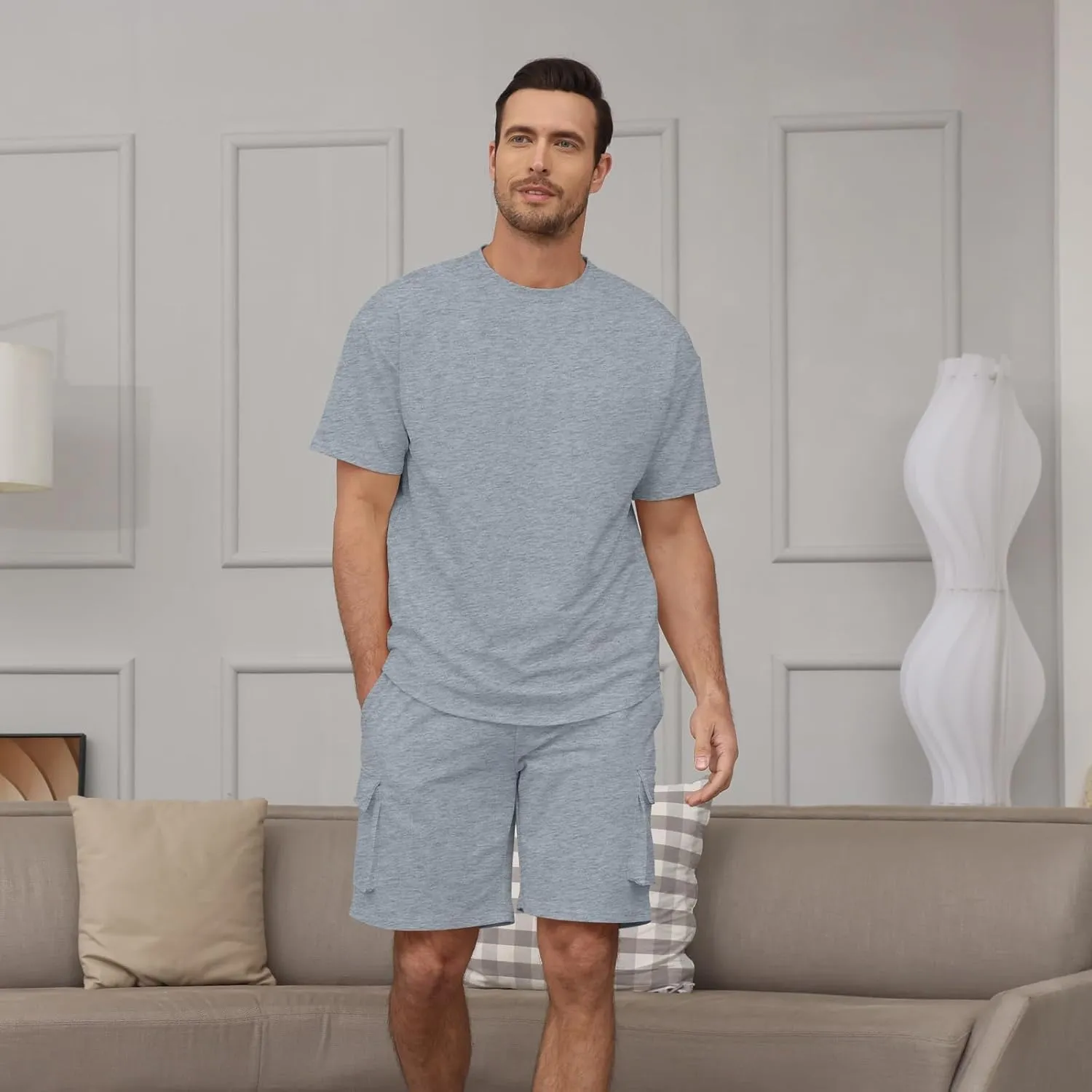 Opomelo Mens Short Sets 2 Piece Outfits - Casual Summer Short Sleeve Sweatsuits Sets for Men with Cargo Pocket