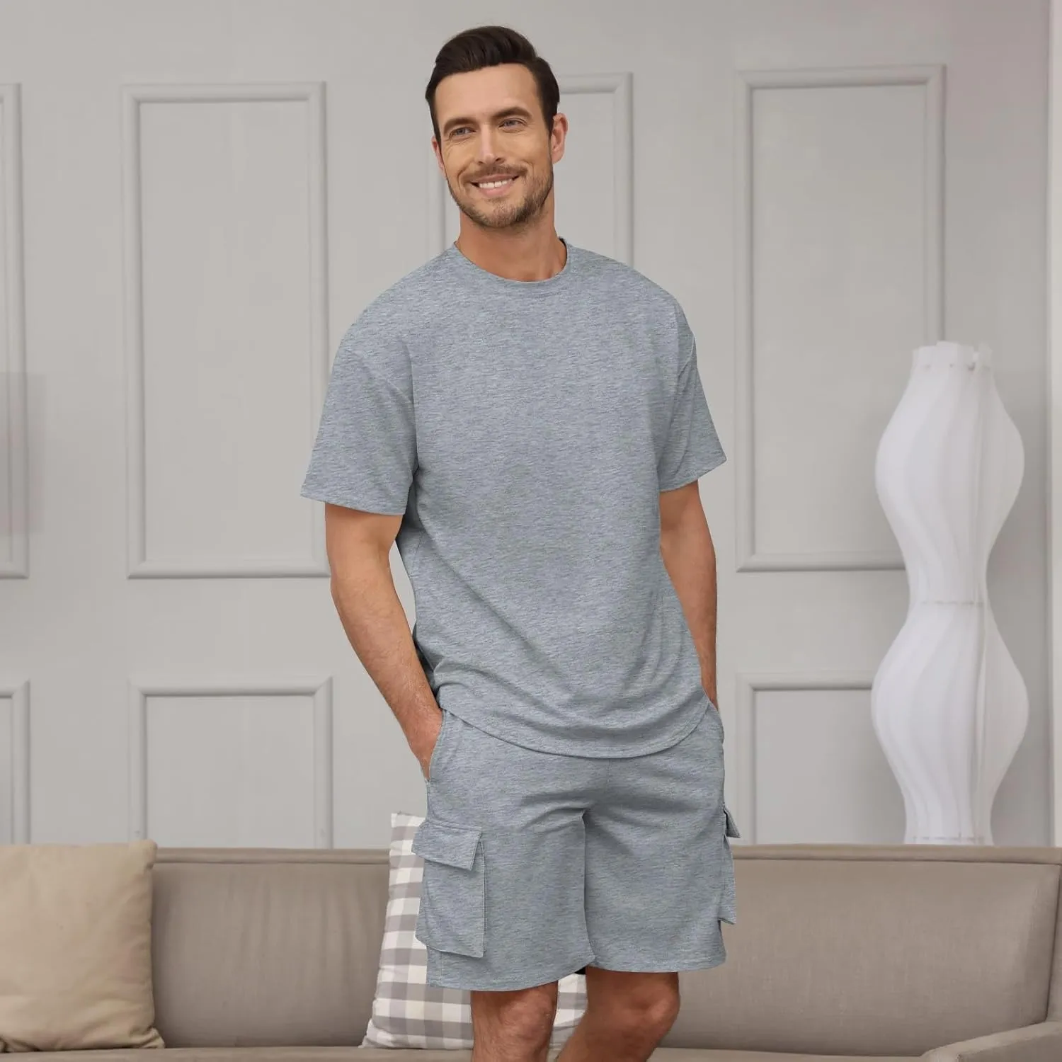 Opomelo Mens Short Sets 2 Piece Outfits - Casual Summer Short Sleeve Sweatsuits Sets for Men with Cargo Pocket