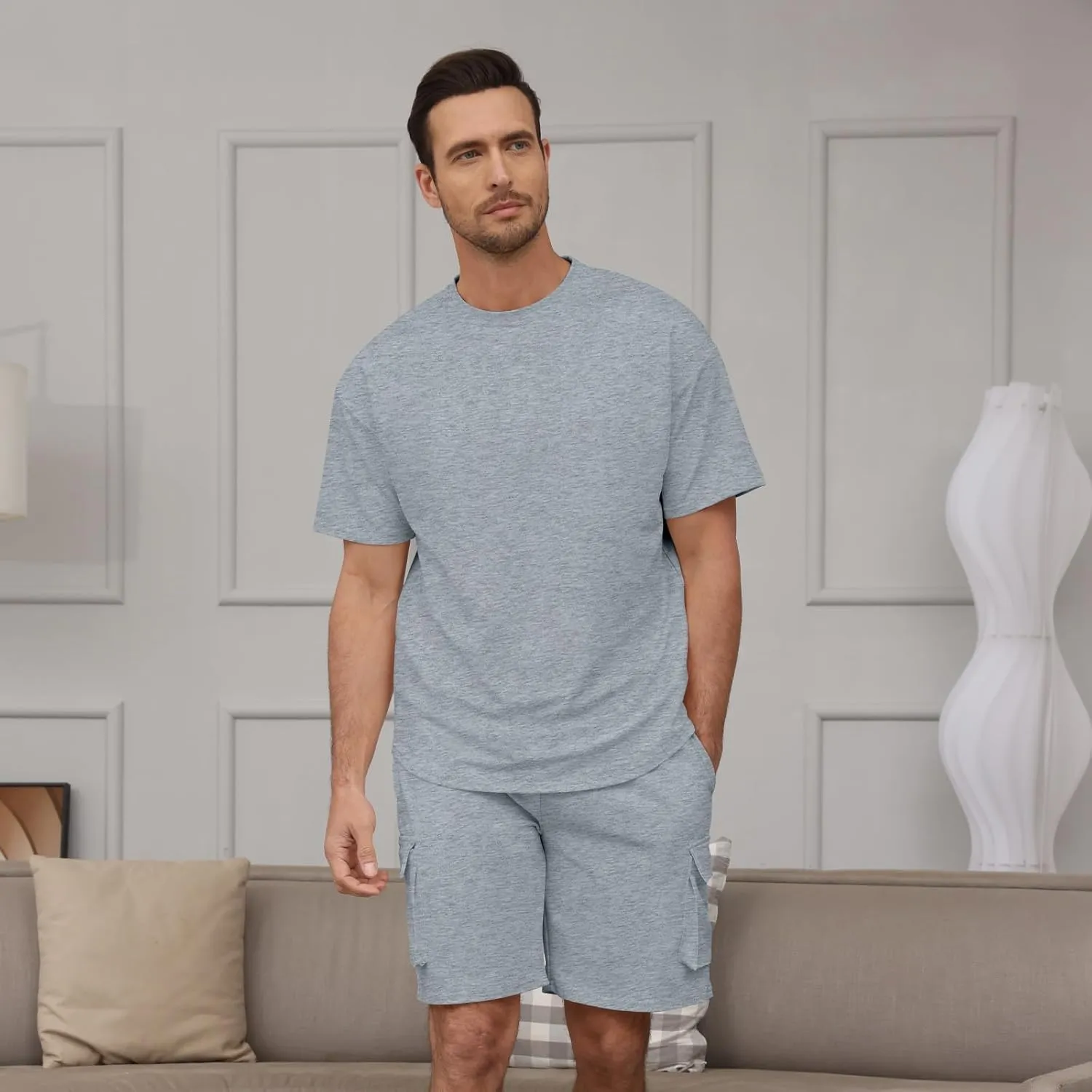 Opomelo Mens Short Sets 2 Piece Outfits - Casual Summer Short Sleeve Sweatsuits Sets for Men with Cargo Pocket