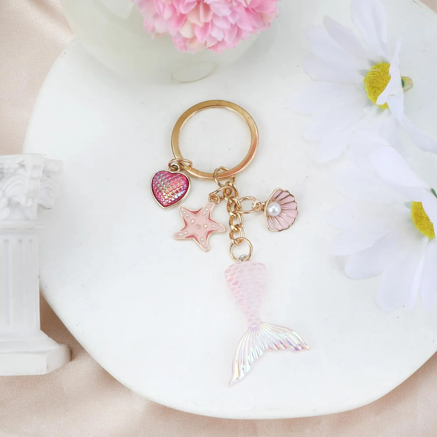 Pink Mermaid Tail Keychain with Ocean Themed Charms, Mermaid Keychain for Women, Beach Ocean Key Chain