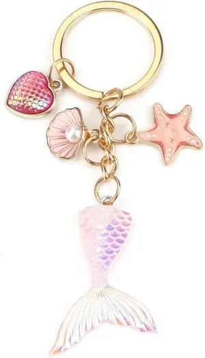 Pink Mermaid Tail Keychain with Ocean Themed Charms, Mermaid Keychain for Women, Beach Ocean Key Chain
