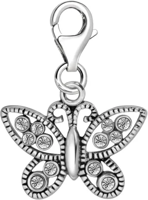 Quiges Butterfly Clip On Charm Pendant with Cubic Zirconia Silver Plated Women's Jewellery