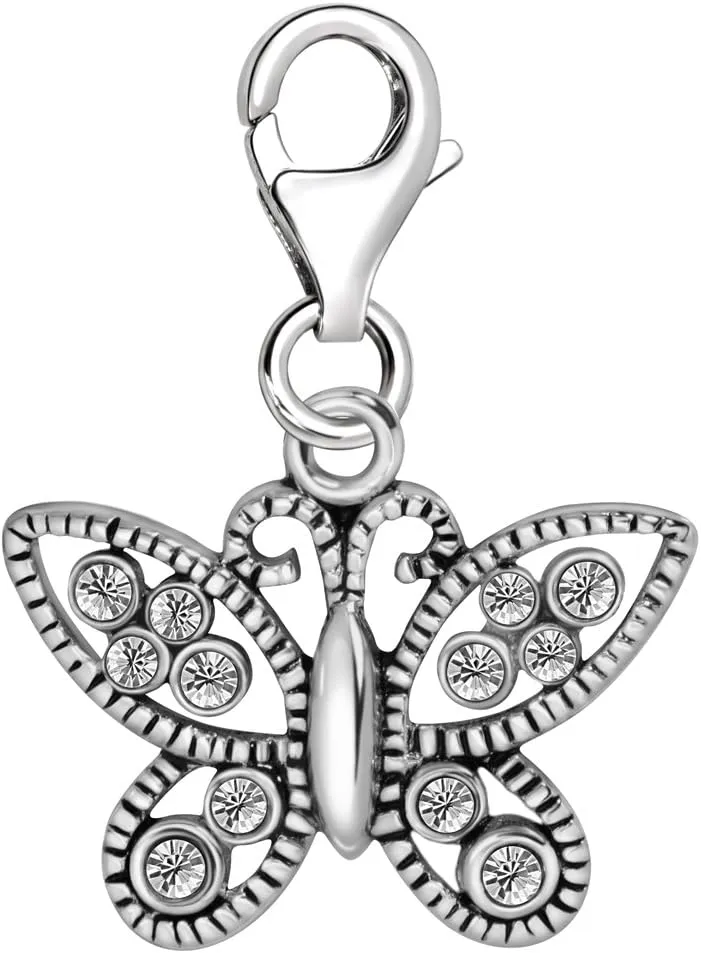 Quiges Butterfly Clip On Charm Pendant with Cubic Zirconia Silver Plated Women's Jewellery