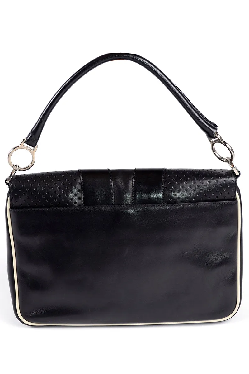 RESERVED // 1990s Prada Black & White Perforated Leather Top Handle Handbag