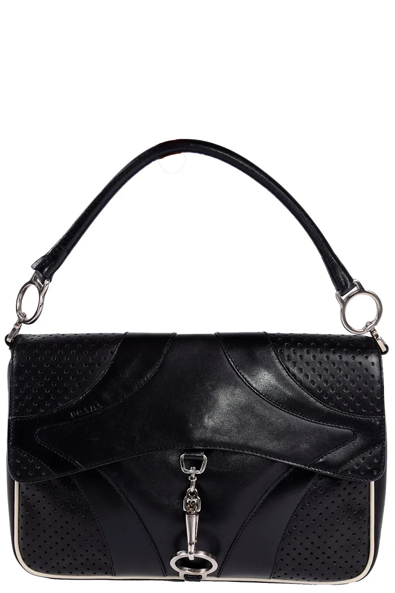 RESERVED // 1990s Prada Black & White Perforated Leather Top Handle Handbag