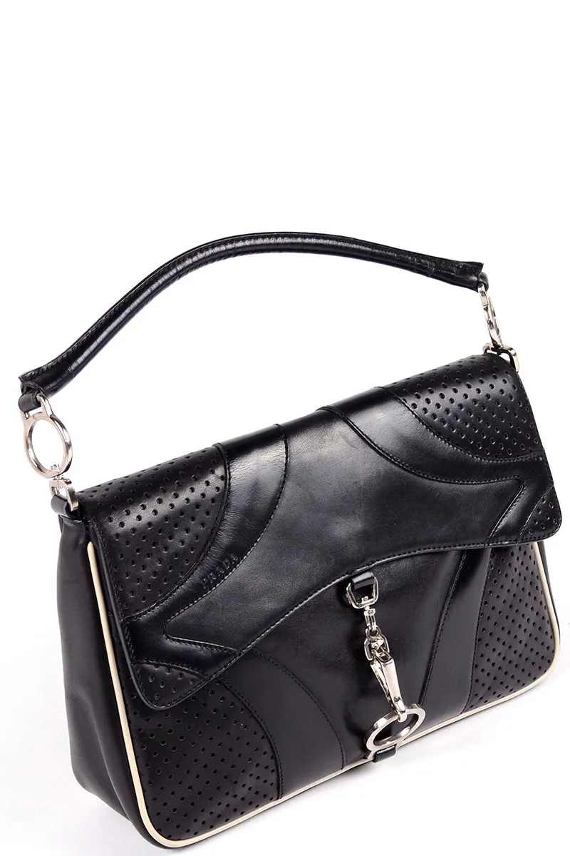 RESERVED // 1990s Prada Black & White Perforated Leather Top Handle Handbag