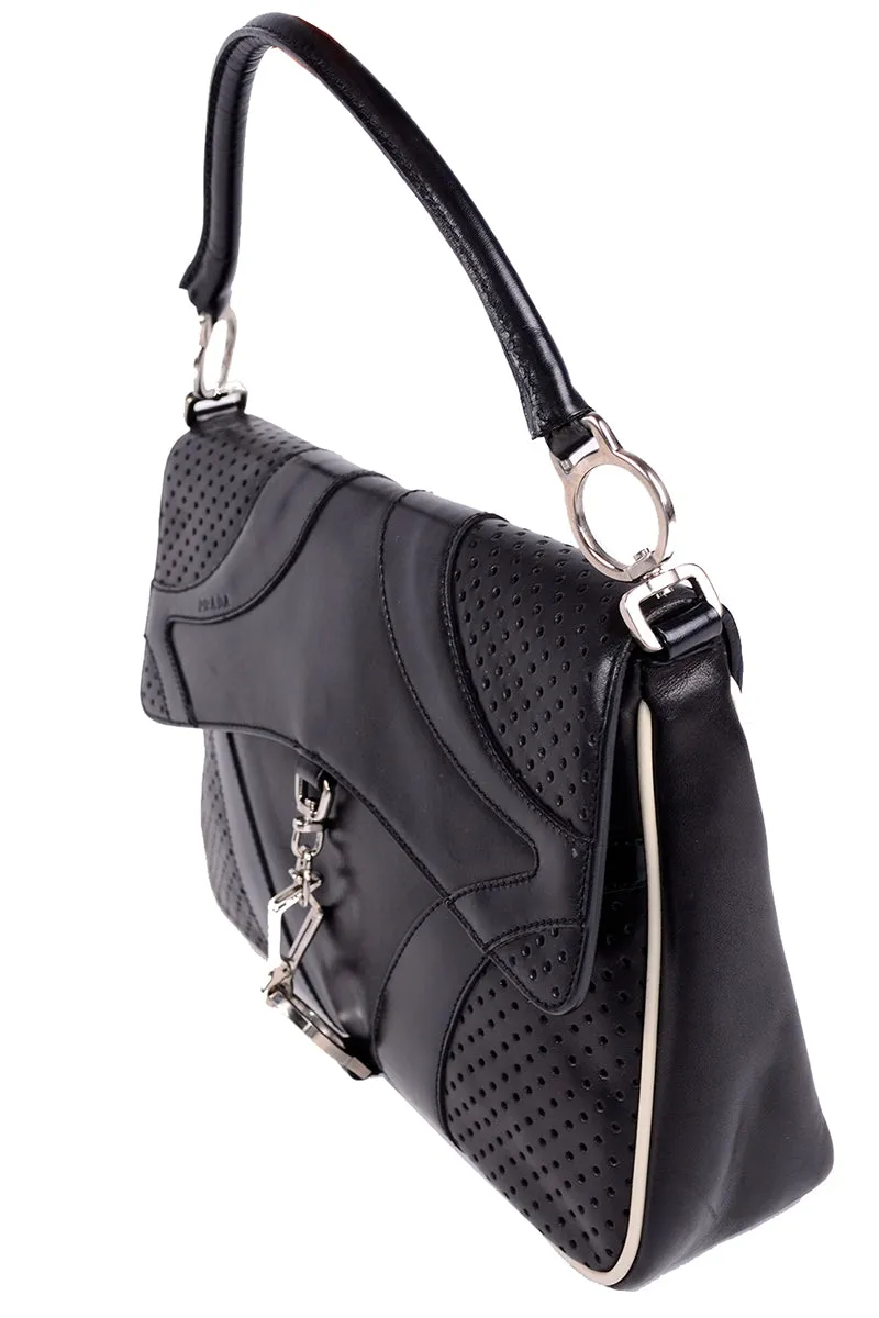 RESERVED // 1990s Prada Black & White Perforated Leather Top Handle Handbag