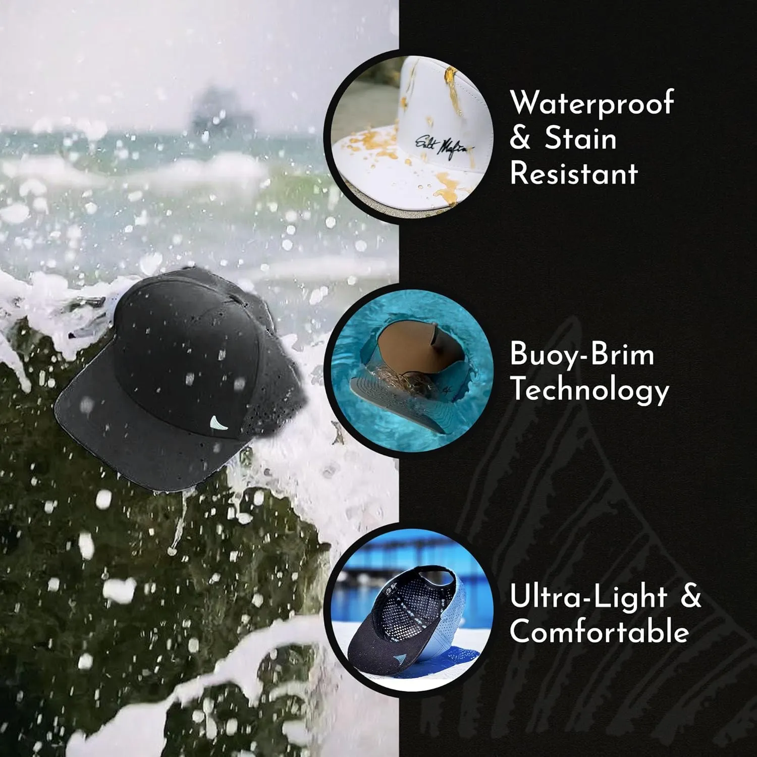 Salt Mafia Hats for Men - Waterproof Hats for Men, 7 Panel Flat Brim Surfer Hat