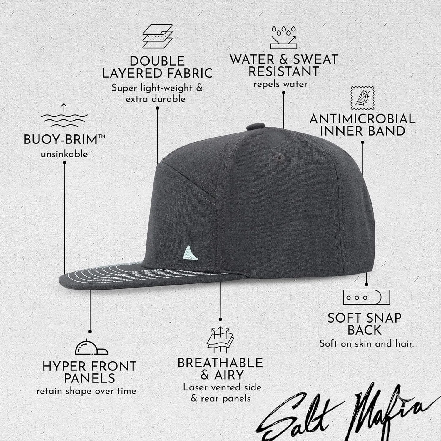 Salt Mafia Hats for Men - Waterproof Hats for Men, 7 Panel Flat Brim Surfer Hat