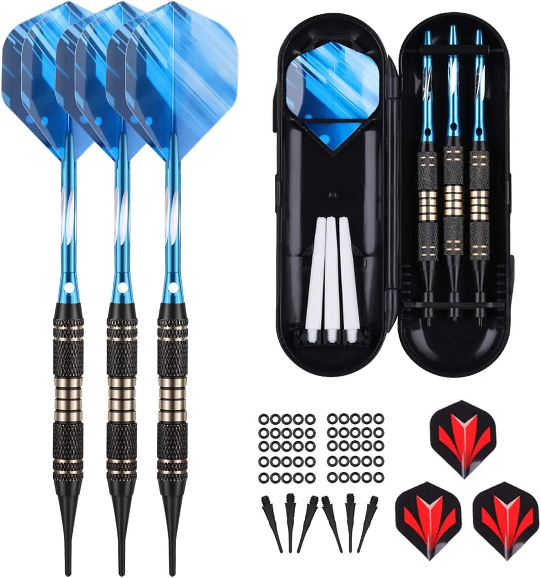 Soft tip Darts Set 18/20 Grams - Professional Darts Plastic Tip with Brass Barrel   Aluminum Shafts   50 Rubber o-Ring   6 Flights  50 Soft Tips for Electronic Dartboard