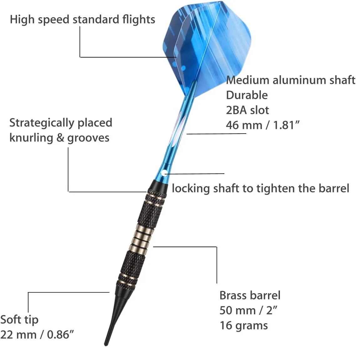 Soft tip Darts Set 18/20 Grams - Professional Darts Plastic Tip with Brass Barrel   Aluminum Shafts   50 Rubber o-Ring   6 Flights  50 Soft Tips for Electronic Dartboard