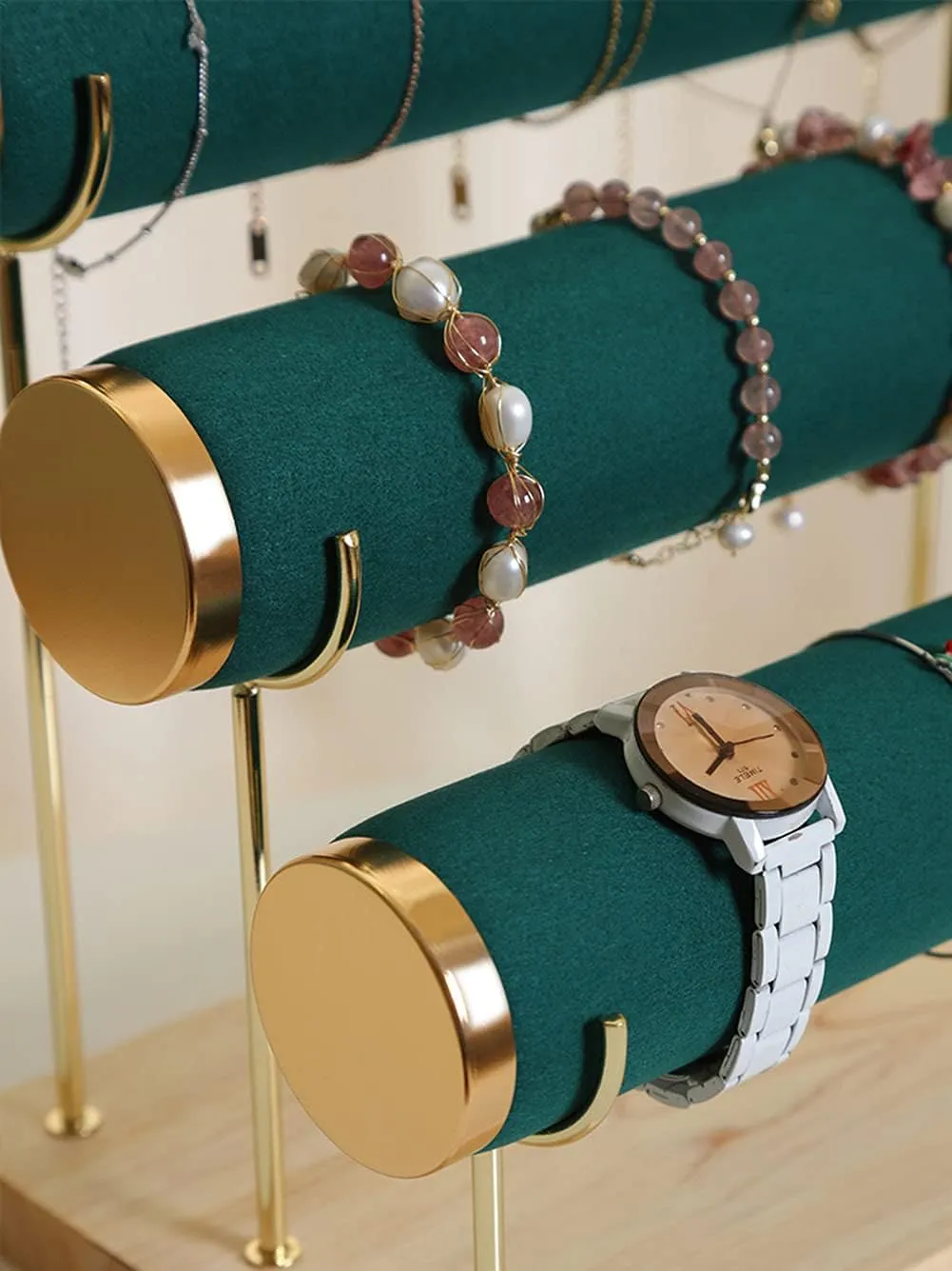 Stylish Gold Rimming Bracelet Display Stand, 3 Tier Racks Bangles and Wrist Watch Towers with Detachable Trestle, Green