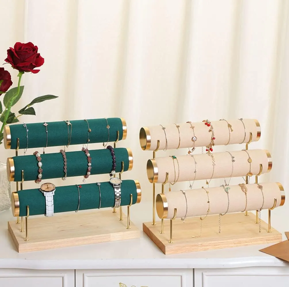 Stylish Gold Rimming Bracelet Display Stand, 3 Tier Racks Bangles and Wrist Watch Towers with Detachable Trestle, Green