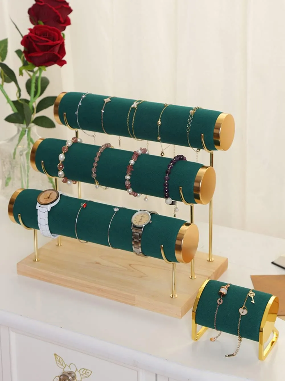 Stylish Gold Rimming Bracelet Display Stand, 3 Tier Racks Bangles and Wrist Watch Towers with Detachable Trestle, Green