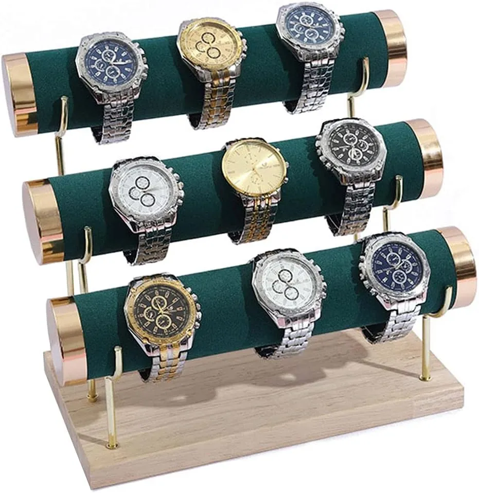 Stylish Gold Rimming Bracelet Display Stand, 3 Tier Racks Bangles and Wrist Watch Towers with Detachable Trestle, Green