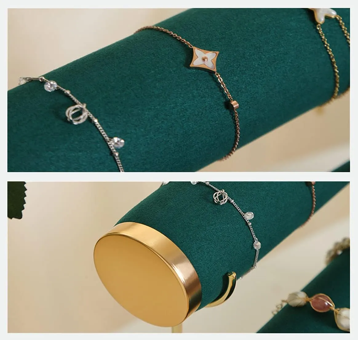 Stylish Gold Rimming Bracelet Display Stand, 3 Tier Racks Bangles and Wrist Watch Towers with Detachable Trestle, Green