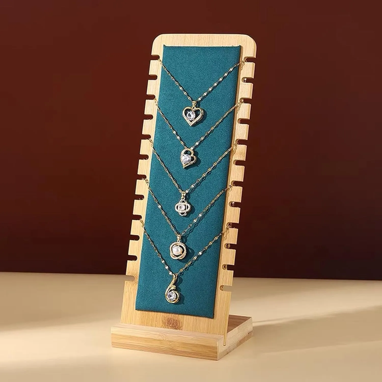 TANG SONG Small Size Natural Bamboo Flannelette Soft Mat Multiple Necklace Display Stand Necklace Bracelets Chains Organizer Holder for Home (Green)