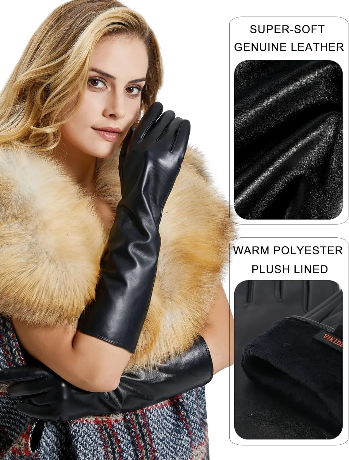 VIKIDEER Elegant Winter Black Long Leather Gloves for Women Full Touchscreen Womens Ladies Warm Lined Genuine Leather Gloves