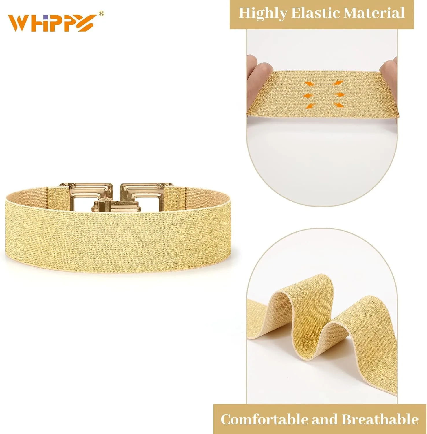 WHIPPY Women Wide Elastic Waist Belt Fashion Hollow Out Square Gold Buckle Stretchy Belt Waistband for Ladies