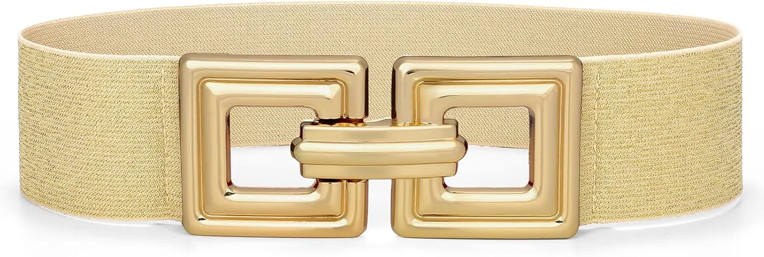 WHIPPY Women Wide Elastic Waist Belt Fashion Hollow Out Square Gold Buckle Stretchy Belt Waistband for Ladies