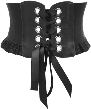 Womens Lace-up Corset Cinch Waistband Waspie Elastic Waist Belt Retro Tied Wide Belt Vintage Bandage Elasticity Girdle Wrap for Girls Halloween Costume  Black YS001