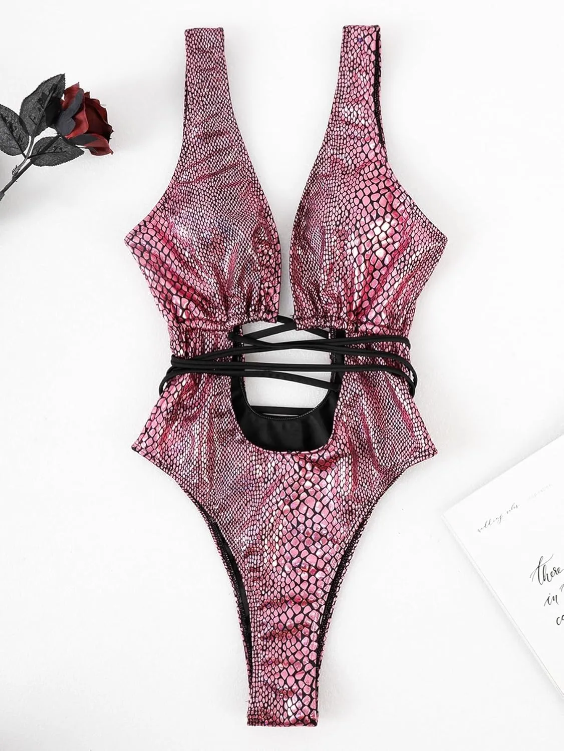 Womens Rave Wear One Piece Bodysuit Snakeskin Print Sexy Leg Rings Swimsuit for Festival Dance Rave Clothing