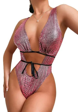 Womens Rave Wear One Piece Bodysuit Snakeskin Print Sexy Leg Rings Swimsuit for Festival Dance Rave Clothing