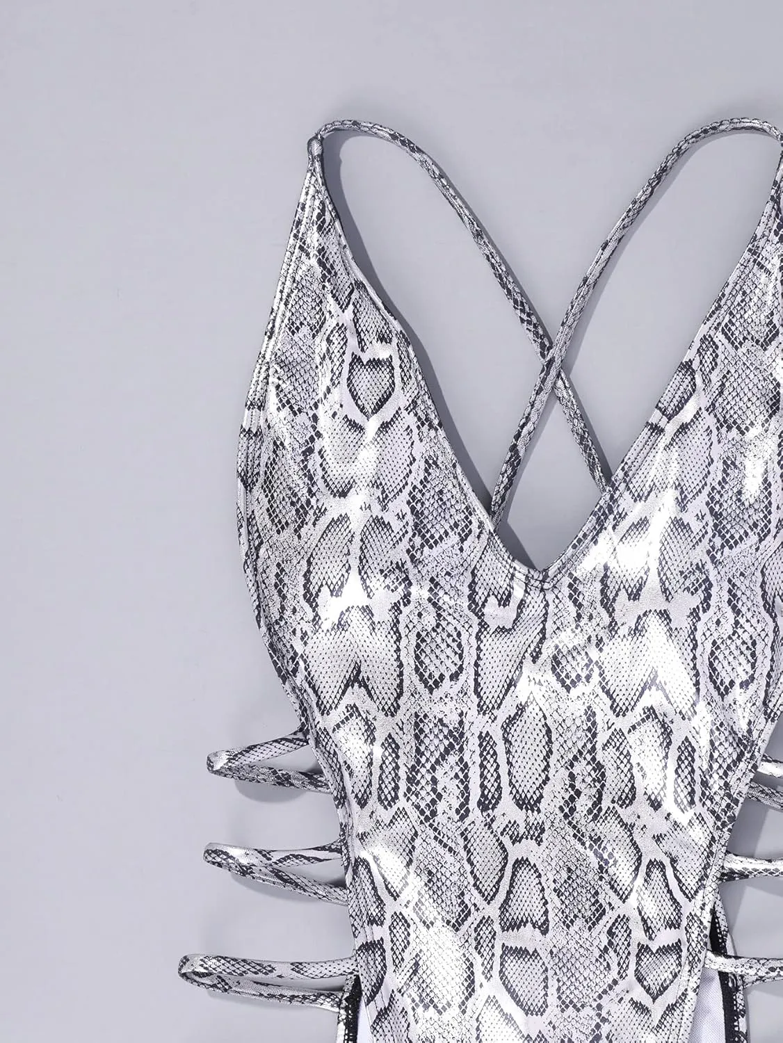 Womens Rave Wear One Piece Bodysuit Snakeskin Print Sexy Leg Rings Swimsuit for Festival Dance Rave Clothing