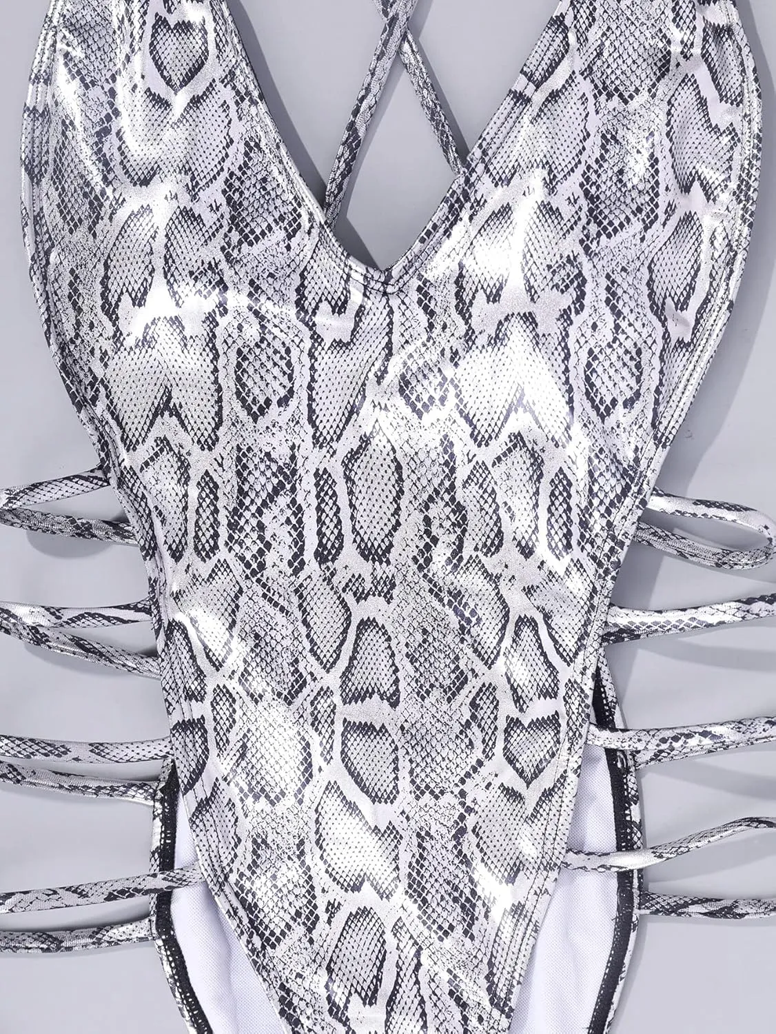Womens Rave Wear One Piece Bodysuit Snakeskin Print Sexy Leg Rings Swimsuit for Festival Dance Rave Clothing